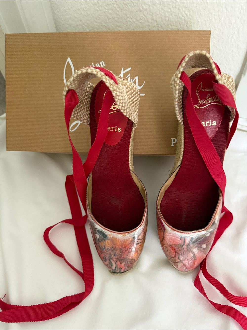 Christian Louboutin Red Ribbon Espadrille Wedges with Multicolor Printed Toe